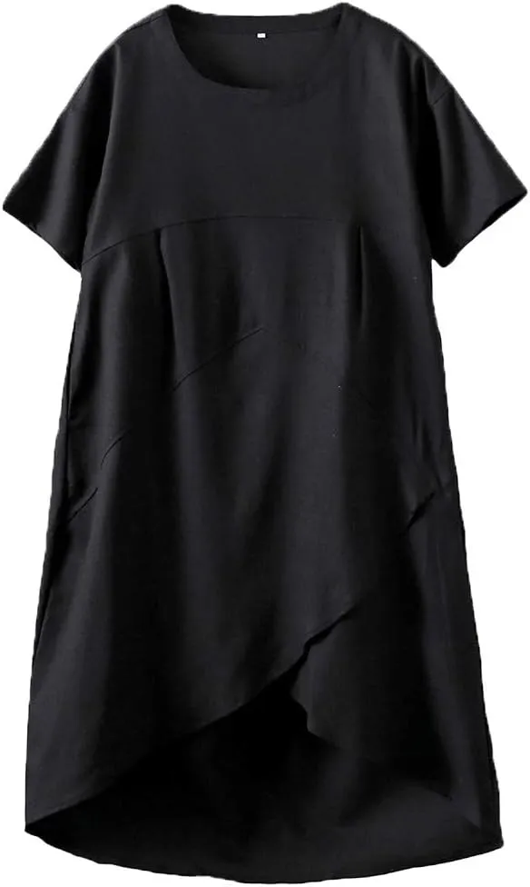 Tebreux Women's Linen Midi Dress Oversized Short Sleeve Sundress Baggy Tunic Dresses with Pockets