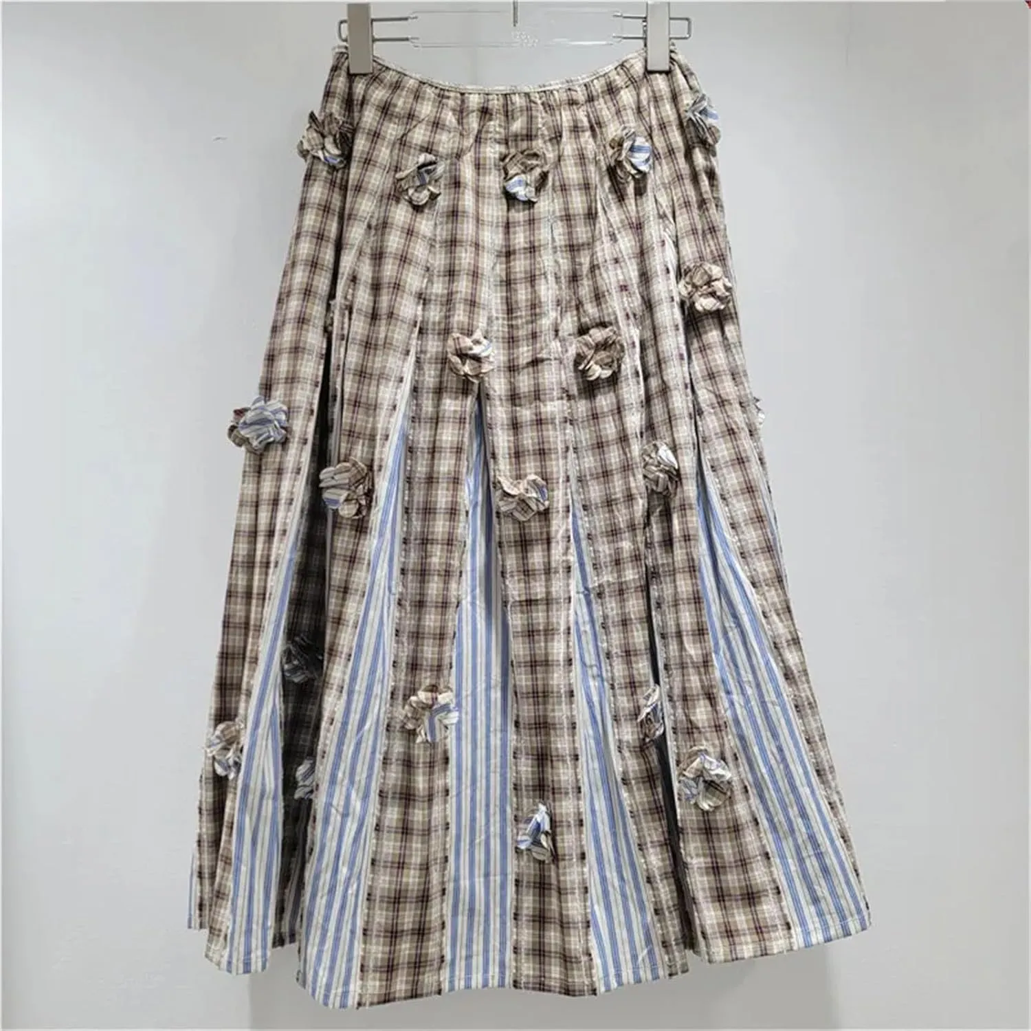 Women's 3D Floral Checkered Skirt, Elastic Waist Pleated A-Line Design