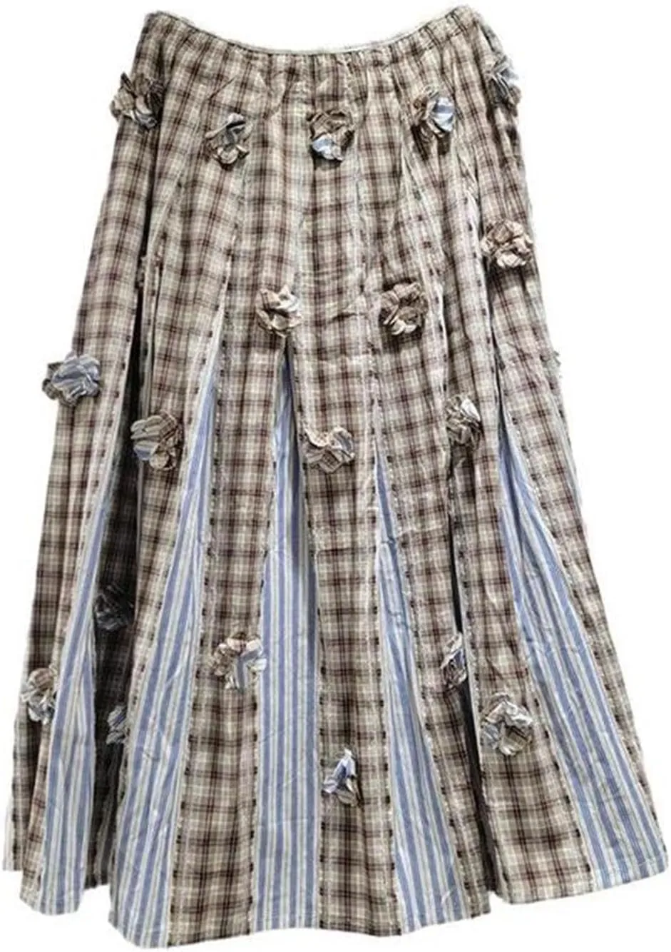 Women's 3D Floral Checkered Skirt, Elastic Waist Pleated A-Line Design