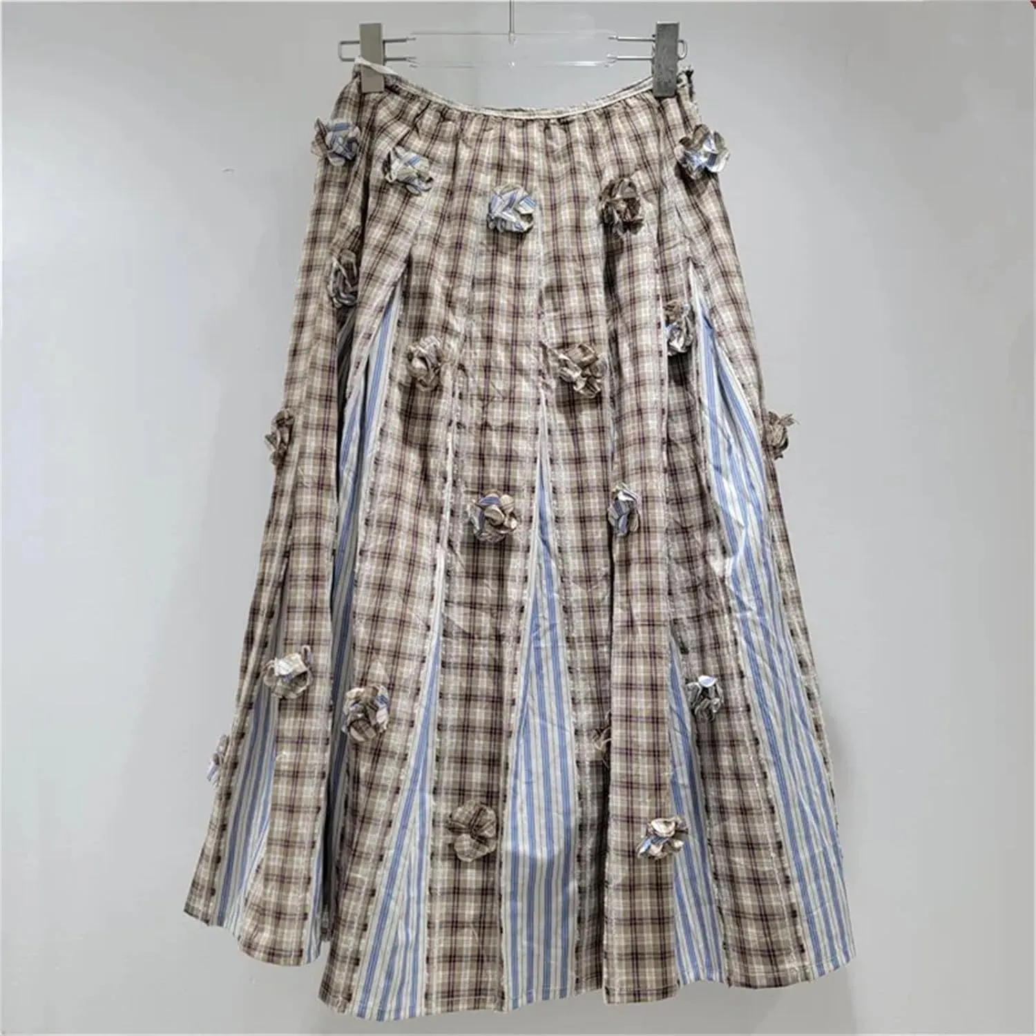 Women's 3D Floral Checkered Skirt, Elastic Waist Pleated A-Line Design