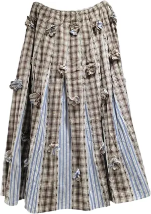 Women's 3D Floral Checkered Skirt, Elastic Waist Pleated A-Line Design