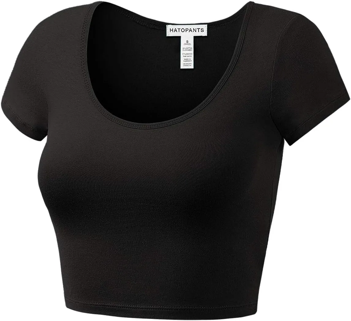 Women's Cotton Basic Scoop Neck Crop Tops Short Sleeve Tops