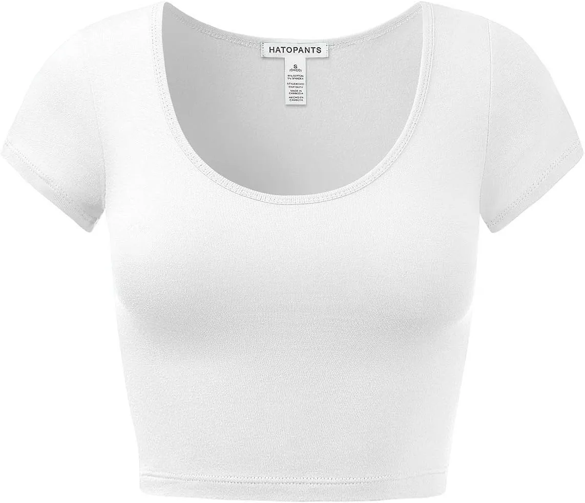 Women's Cotton Basic Scoop Neck Crop Tops Short Sleeve Tops
