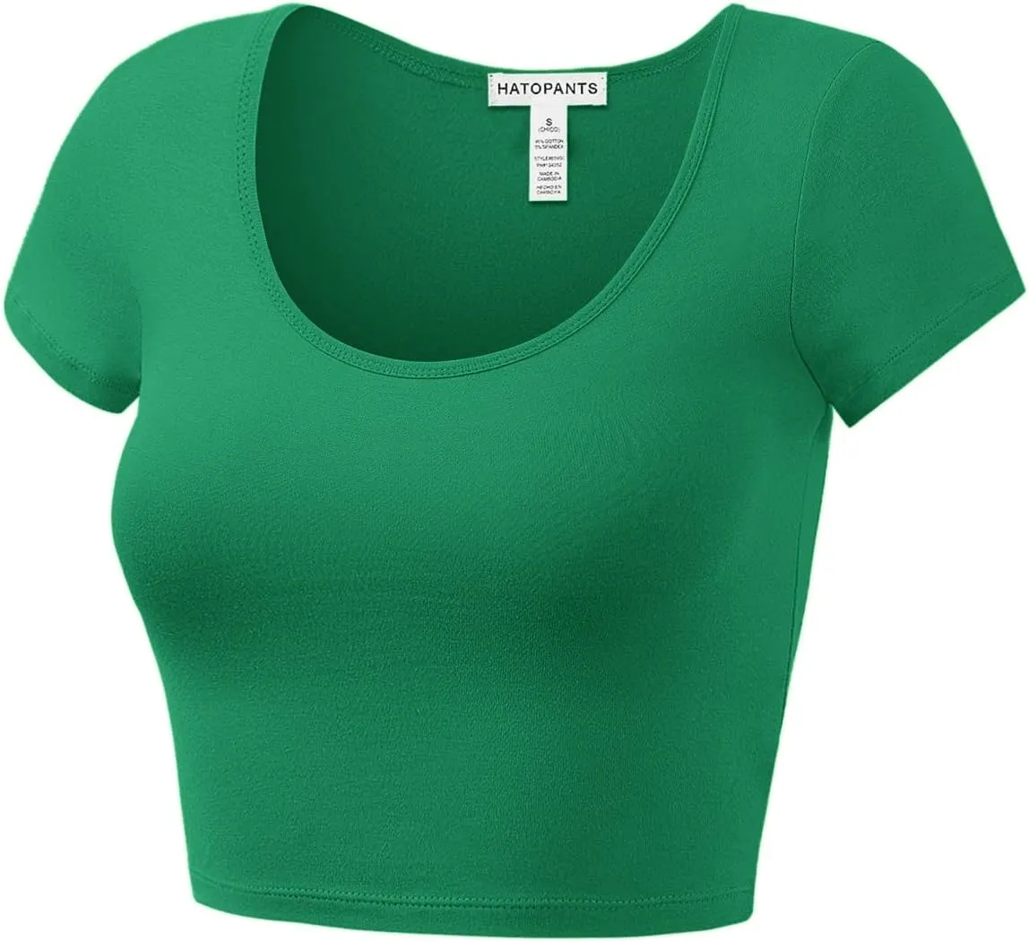 Women's Cotton Basic Scoop Neck Crop Tops Short Sleeve Tops