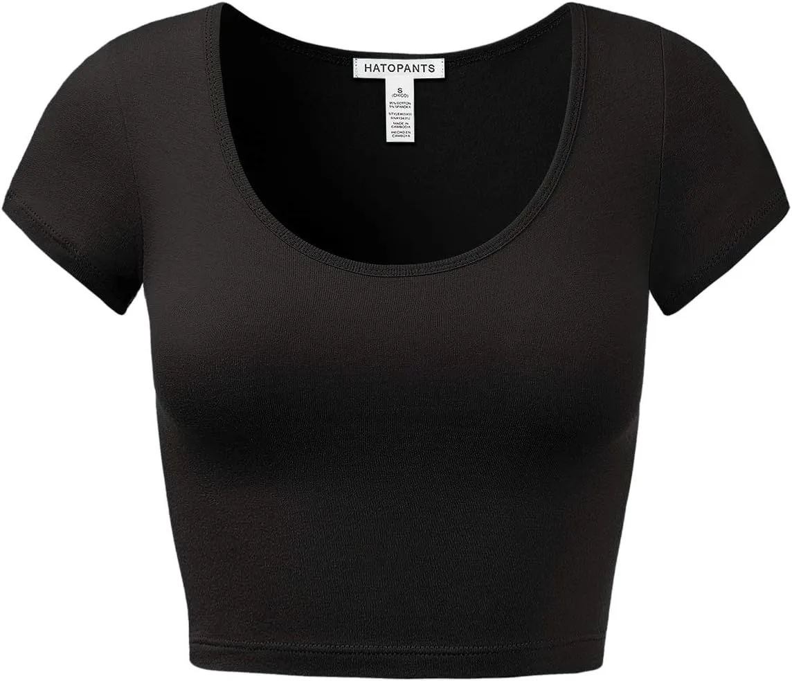 Women's Cotton Basic Scoop Neck Crop Tops Short Sleeve Tops