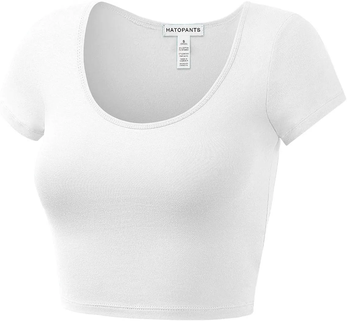 Women's Cotton Basic Scoop Neck Crop Tops Short Sleeve Tops