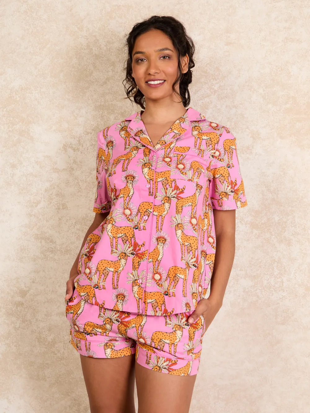 Womens Cotton Shortie Pink Untamed Cheetah