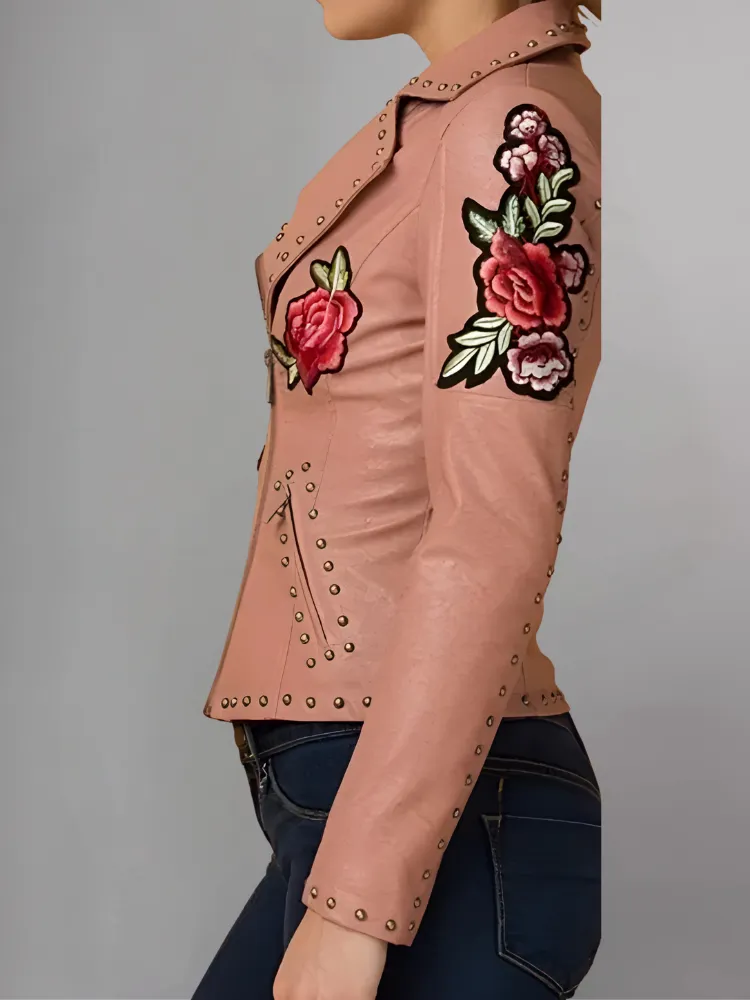WOMENS FLORAL EMBROIDERED REAL LEATHER MOTO JACKET