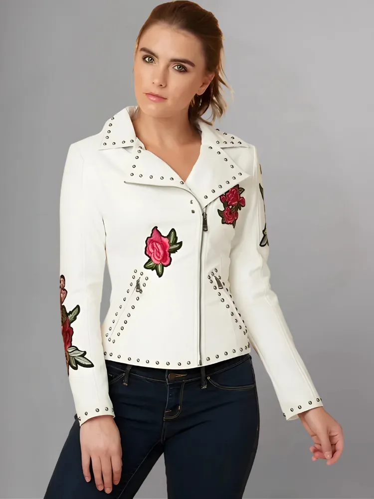 WOMENS FLORAL EMBROIDERED REAL LEATHER MOTO JACKET