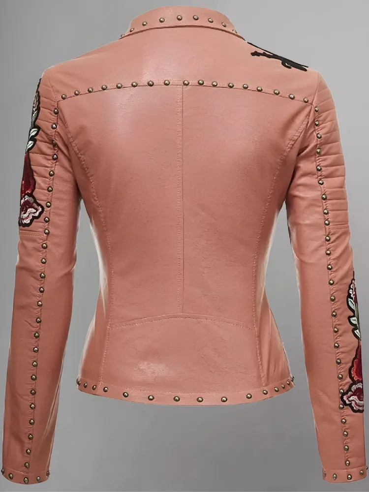 WOMENS FLORAL EMBROIDERED REAL LEATHER MOTO JACKET