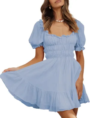 Women's Square Neck Puff Sleeve Mini Dresses Ruffle Elastic Waist A-Line Elegant Summer Casual Flowy Mini Dress