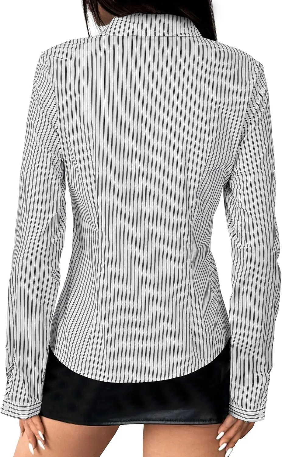 Women's Striped Button Down Shirts Flare Sleeve Slim Fit Blouses V Neck Collared Y2k Crop Tops Streetwear