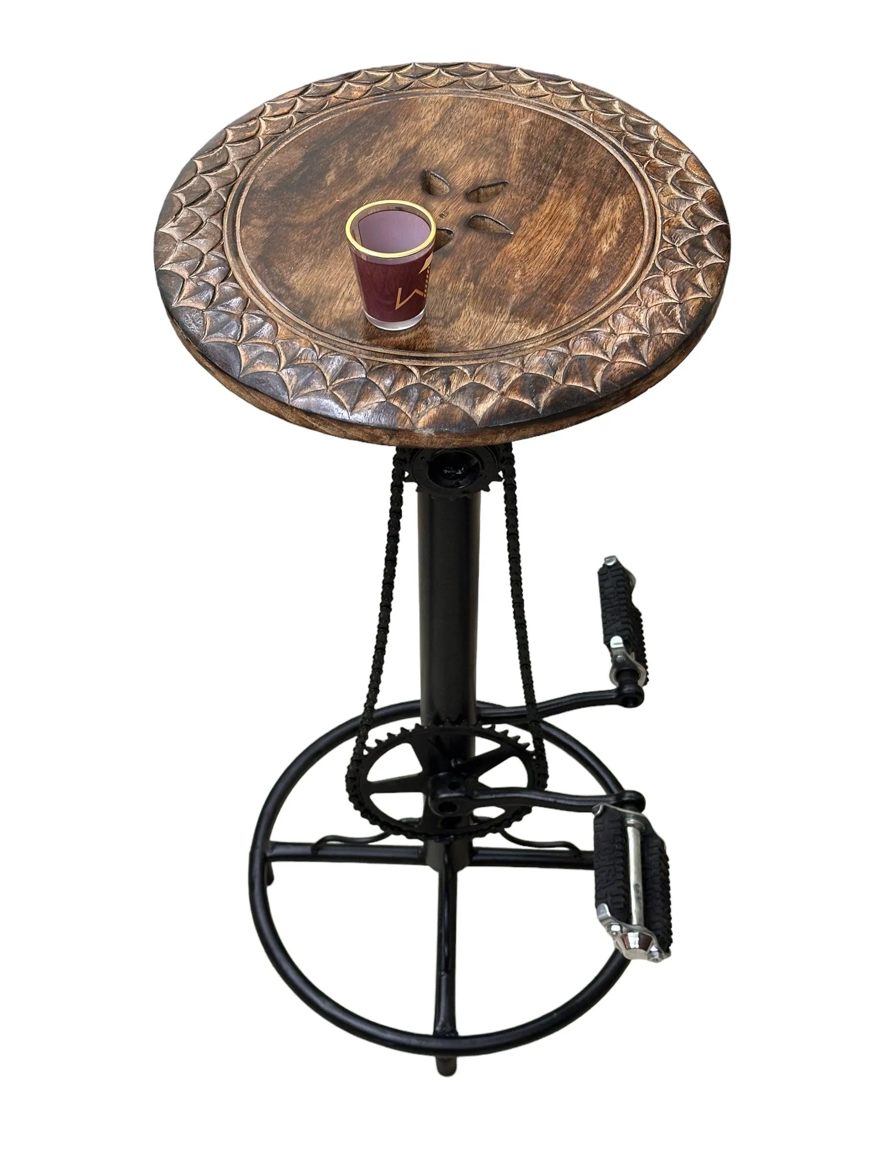Wooden & Wrought Iron Engraved Look Bar Stool Chair