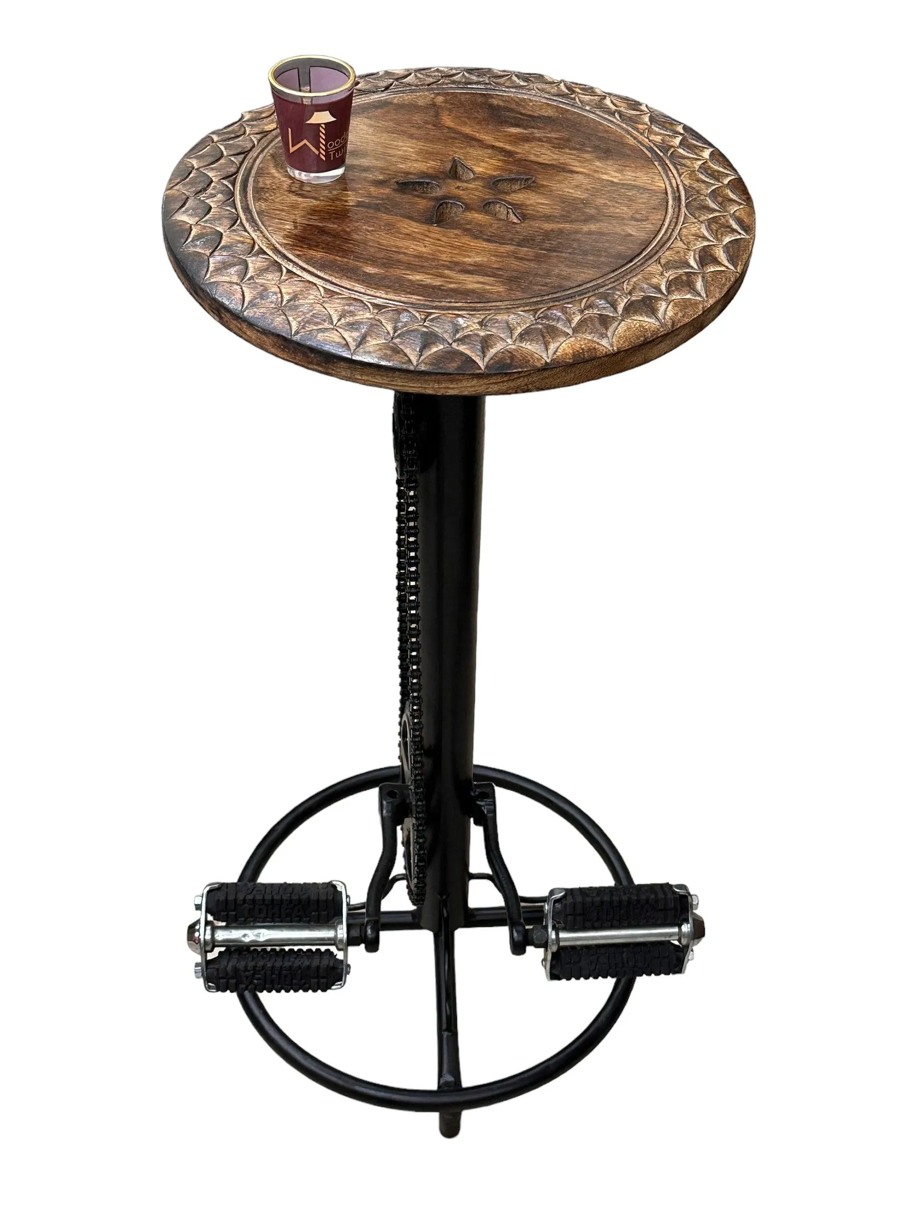 Wooden & Wrought Iron Engraved Look Bar Stool Chair