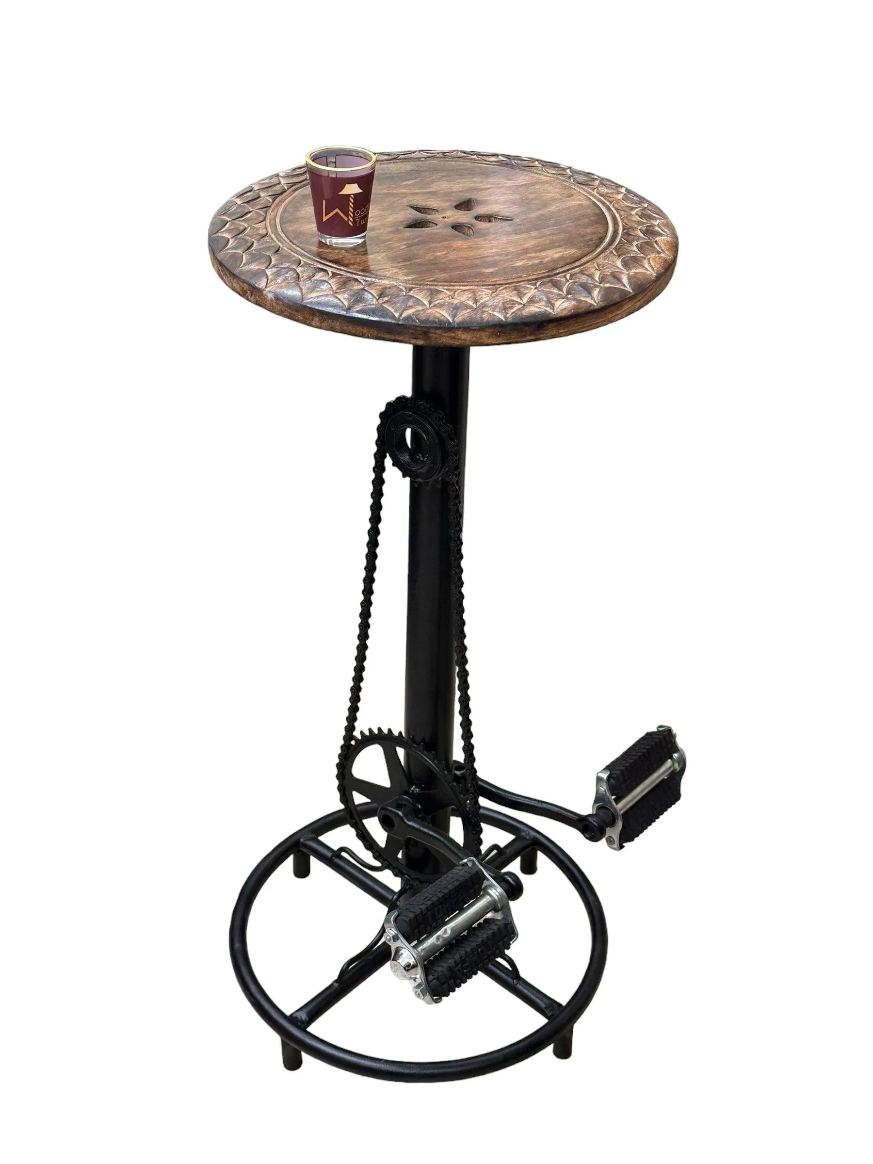 Wooden & Wrought Iron Engraved Look Bar Stool Chair