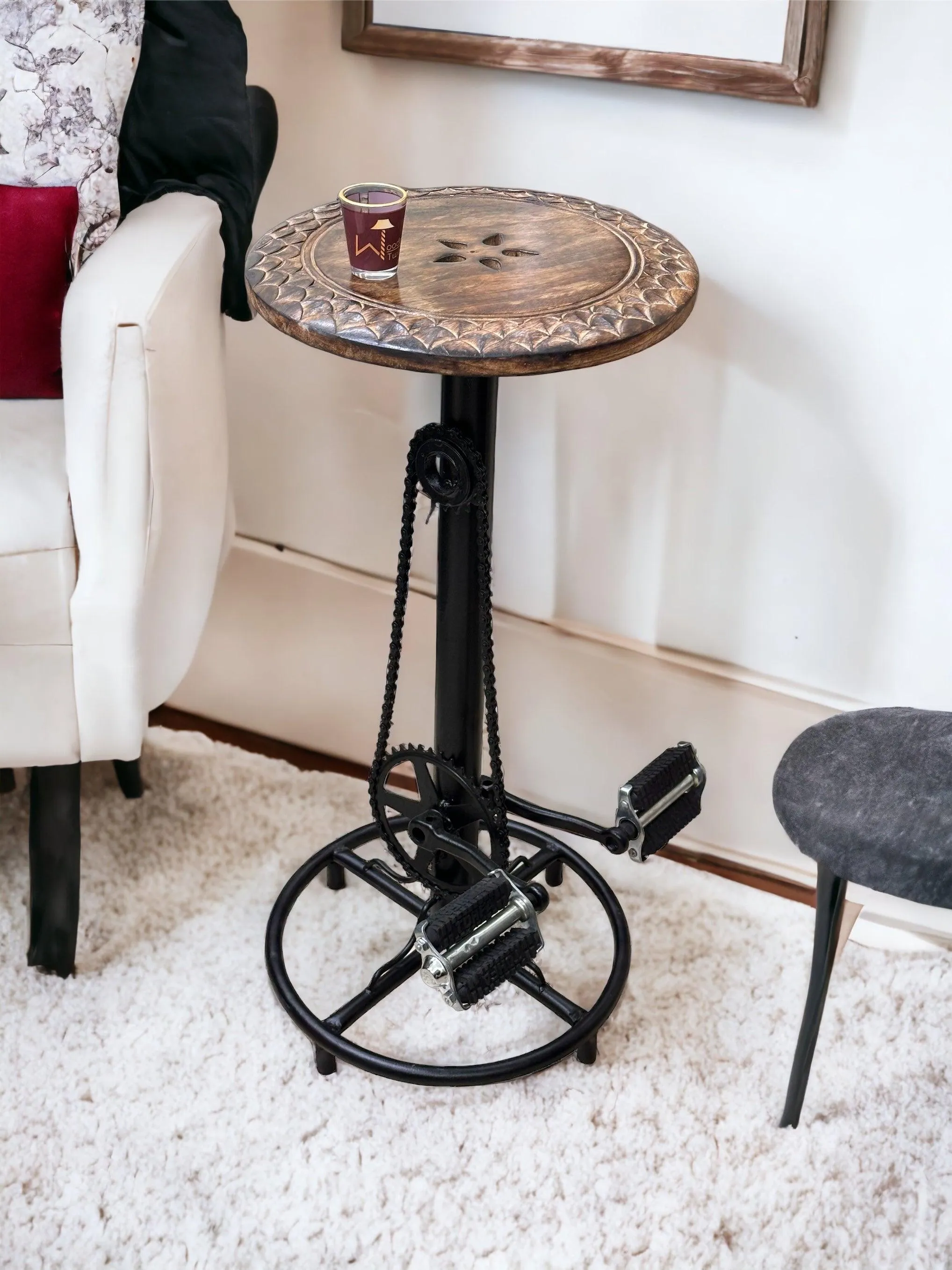 Wooden & Wrought Iron Engraved Look Bar Stool Chair